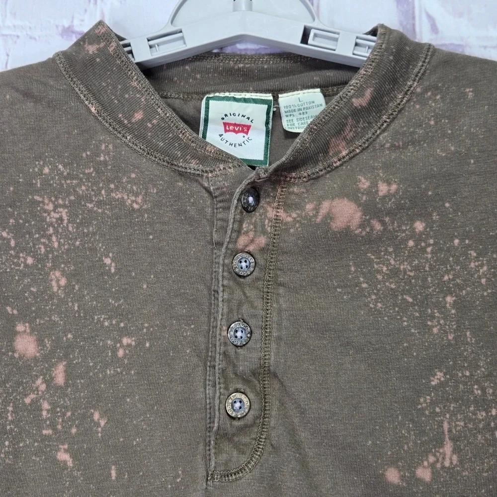 Vintage Levis Strauss Mens Brown Bleach Wash Henley Long Sleeve Shirt Large L